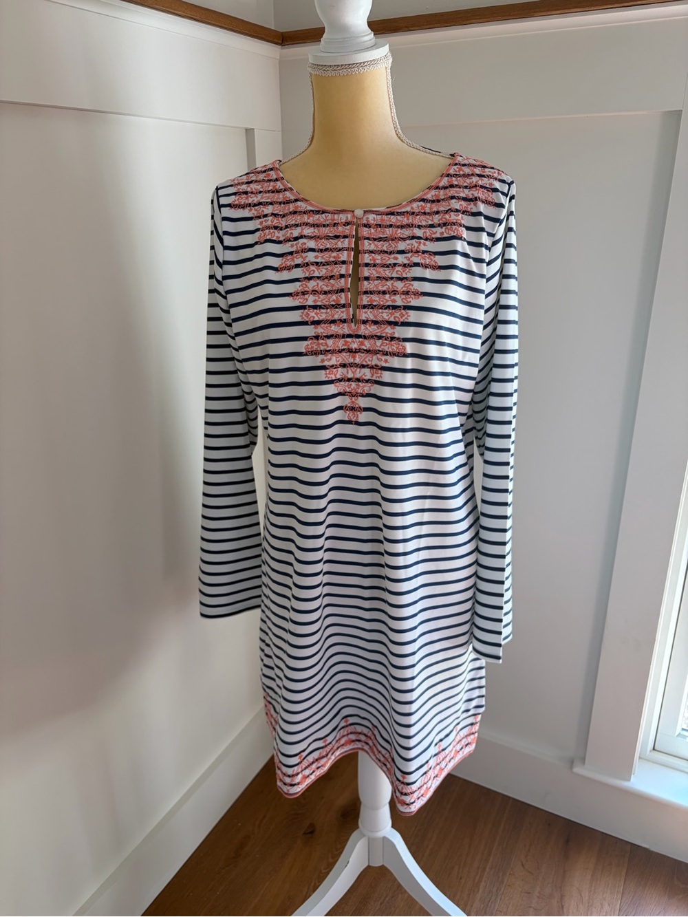 Striped Navy & White Tunic Dress with Coral Embroidery